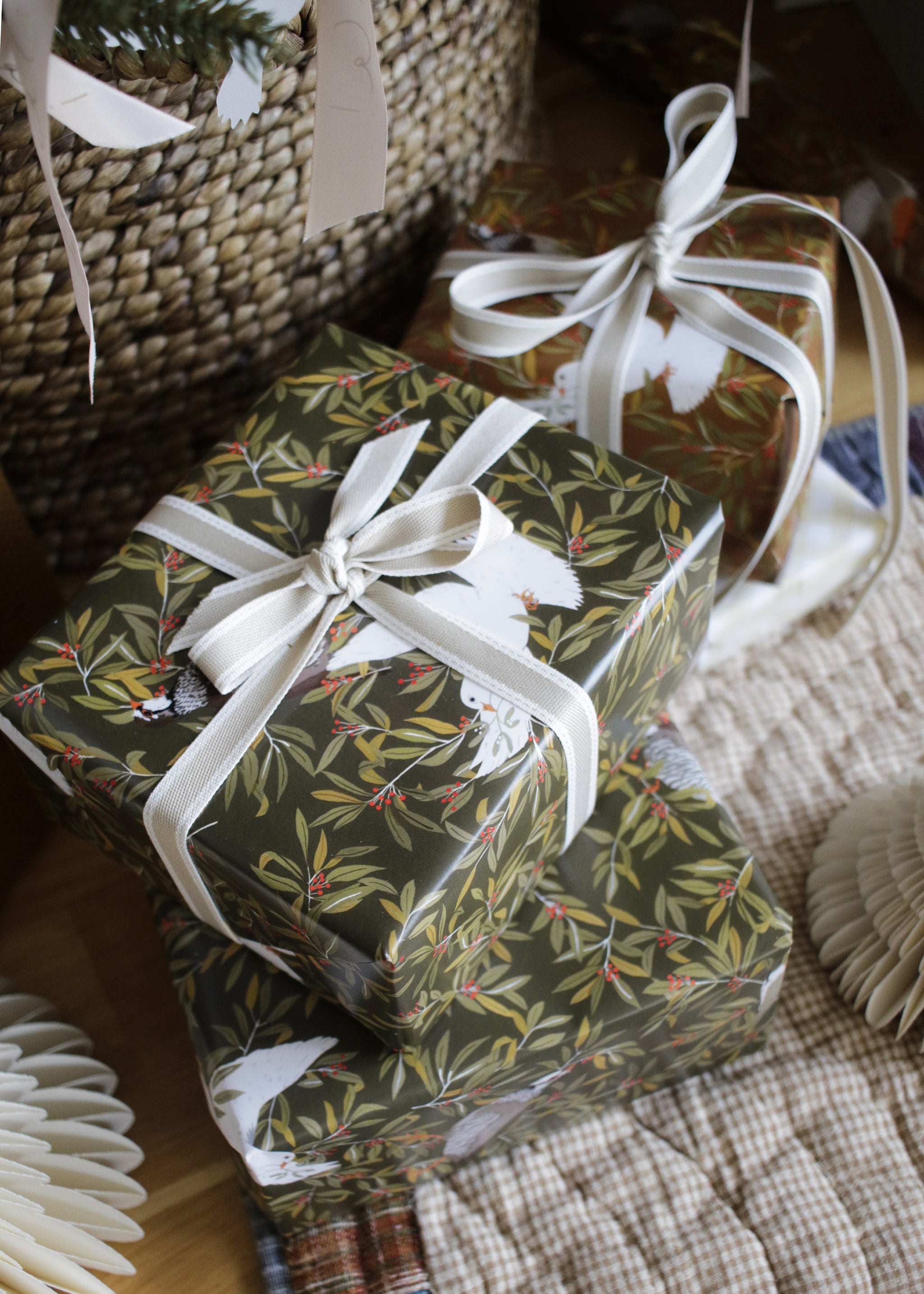 Festive Birds Christmas Wrapping Paper - Green