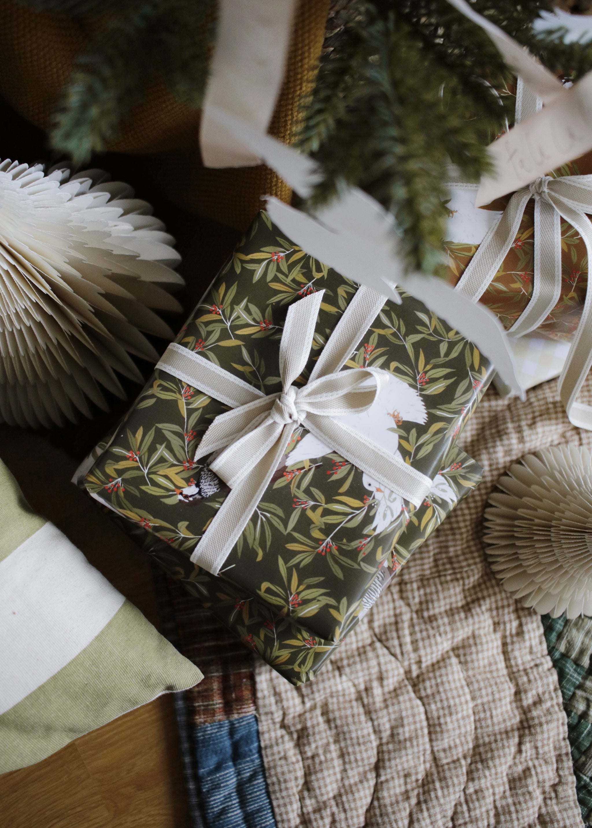 Festive Birds Christmas Wrapping Paper - Green