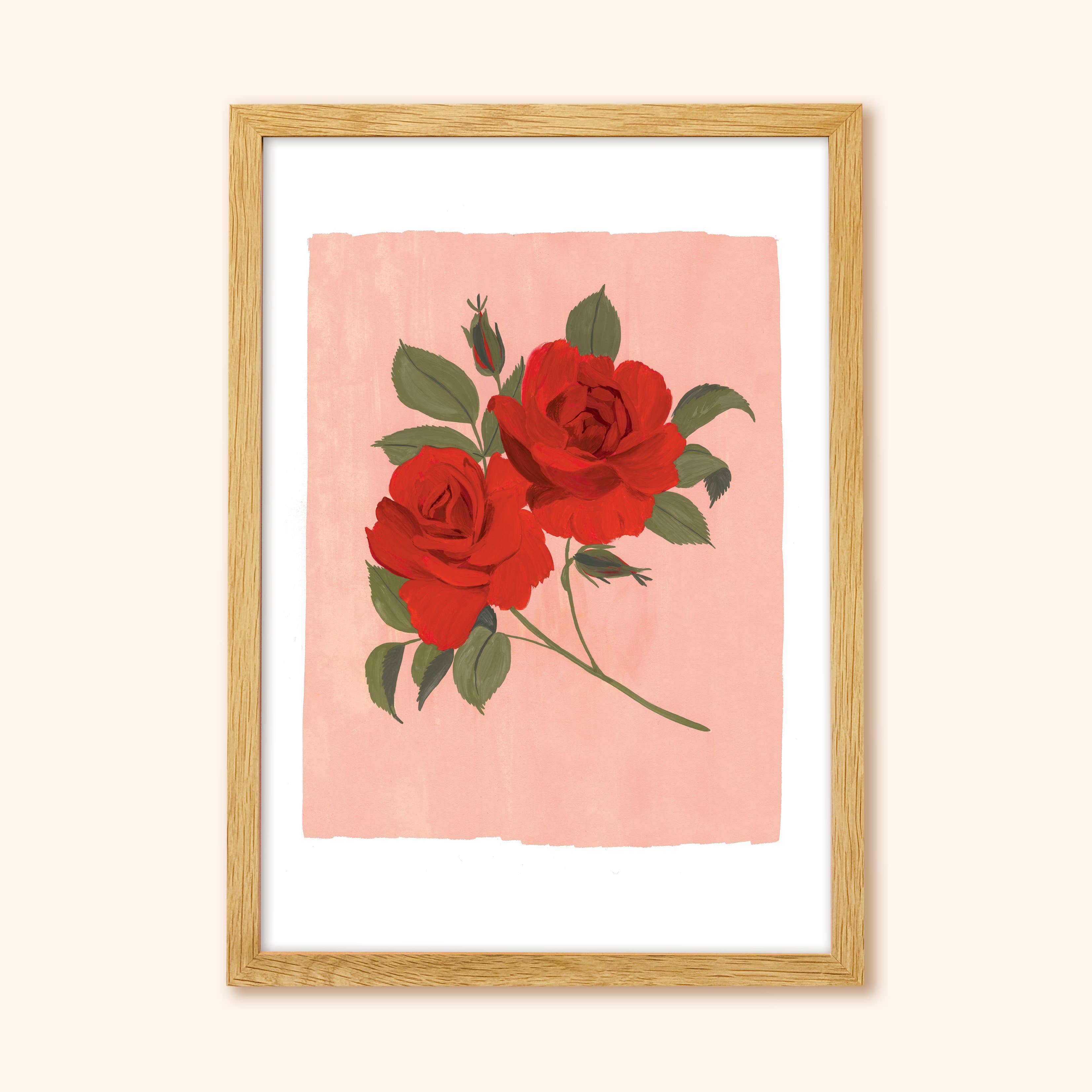 Pink and Red Floral Botanical Art Print - Rose