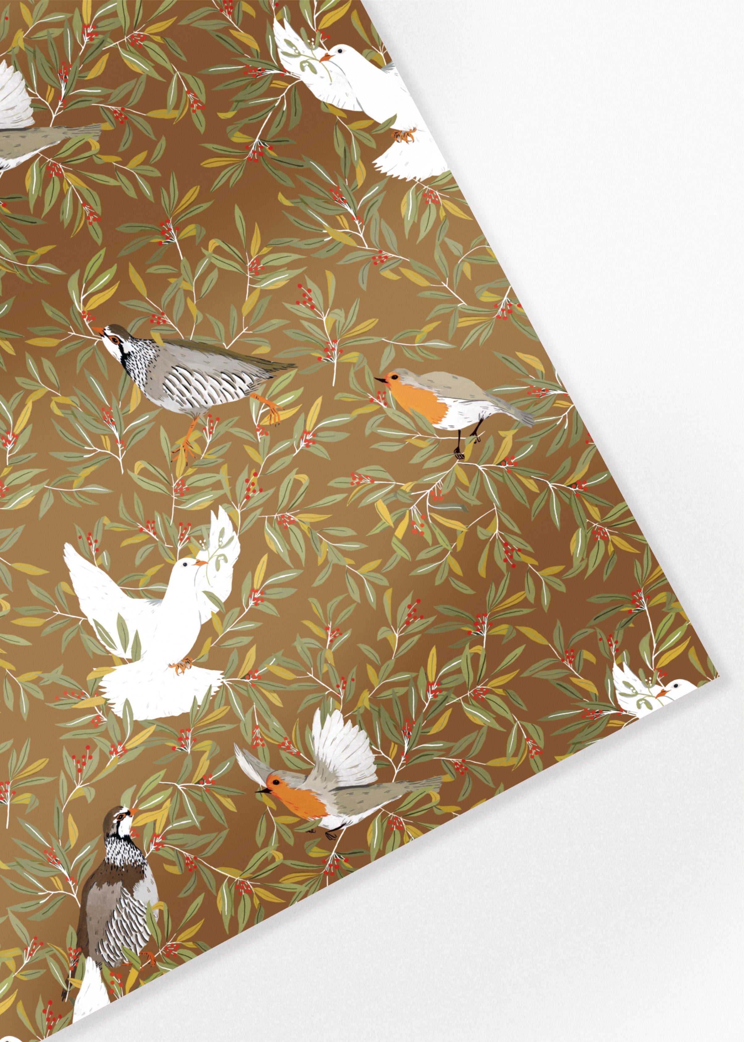 Festive Birds Christmas Wrapping Paper - Umber