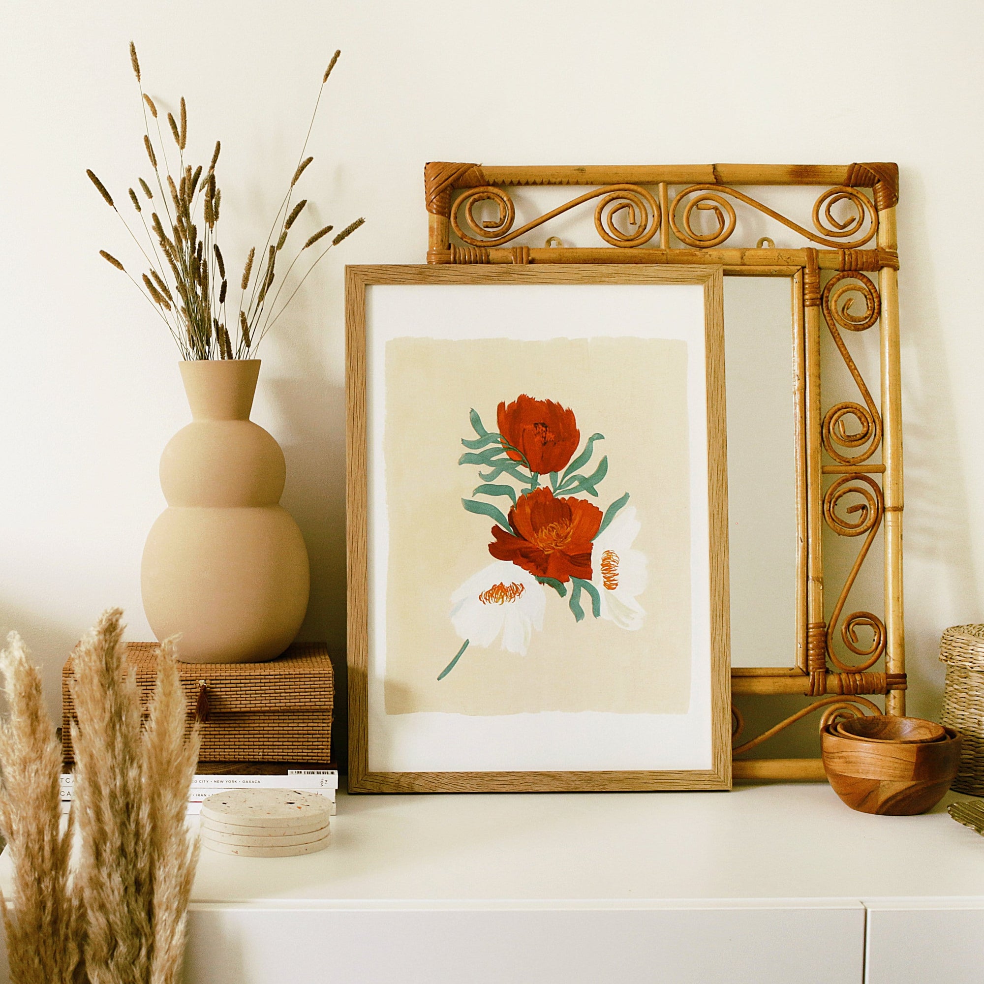 Beige Floral Botanical Art Print - Cosmos