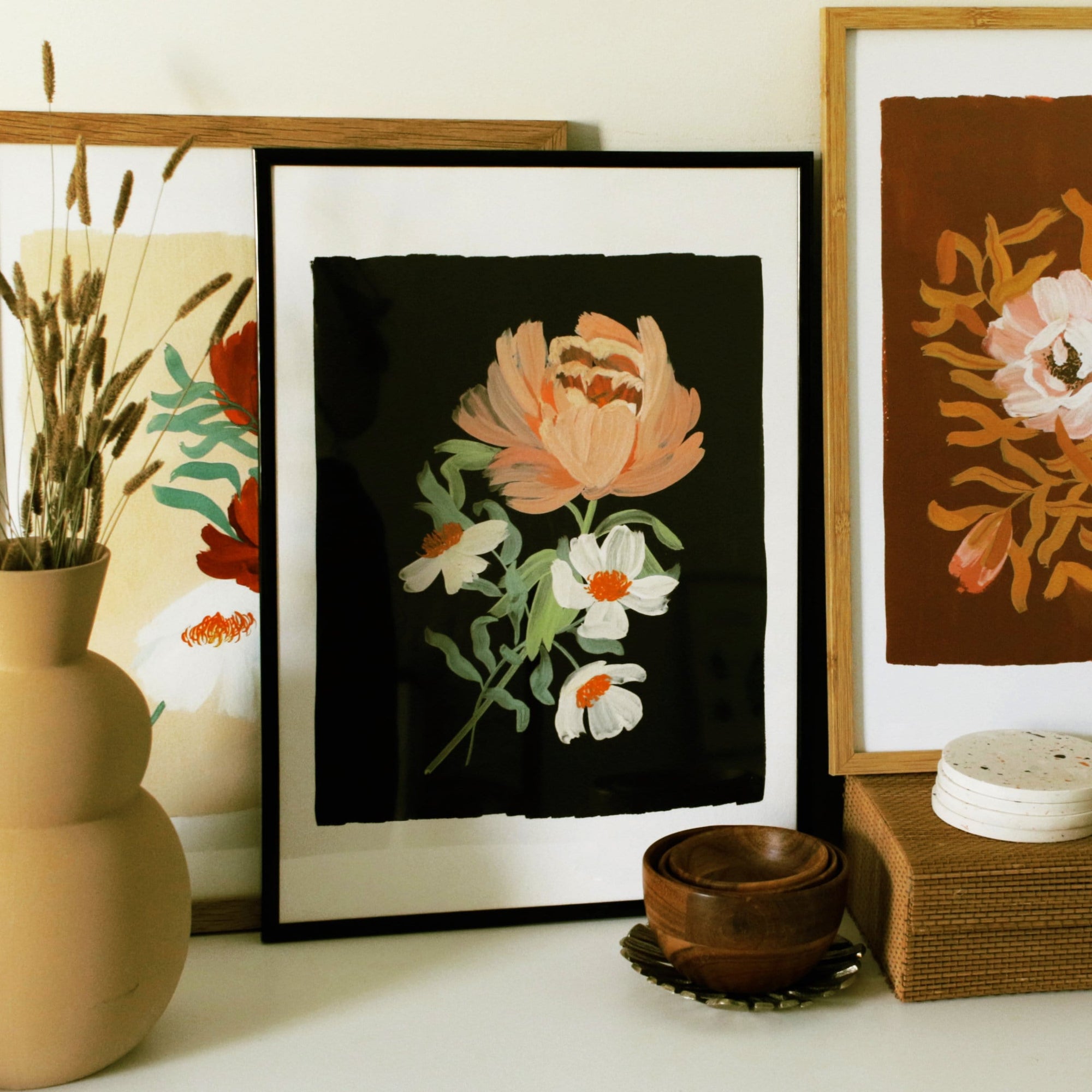 Black Floral Botanical Giclee Print - Paeonia
